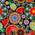 Mandalas Flowers and Exotic Fruits Vector Seamless Pattern Royalty Free Stock Photo