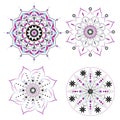 4 Mandalas Vector blue ,pink ,yellow ,purple and black outline on white background Royalty Free Stock Photo