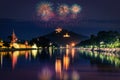 Mandalay hill at night with firework show in Mandalay