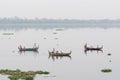 Mandalay, Myanmar - April 2019: tourist having boat ride on Taung Tha Man Lake