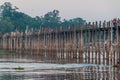 MANDALAY, MYANMAR - DECEMBER 4, 2016: Morning view of U Bein bridge over Taungthaman lake in Amarapura near Mandalay, Myanm