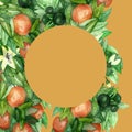 Mandarin branches, round frame with green leaves, flowers on isolated orange background