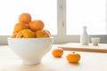 Mandarin or China Orange in White Bowl on Wood Table and Tea Cup