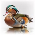 Mandarin duck isolated on white close-up, very beautiful bright colorful bird