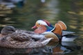 Mandarin ducks floating in a tranquil body of water
