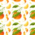 Mandarin and green leaves watercolor seamless pattern
