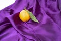 mandarin orange with a green leaf, on a purple silky satin scarf