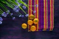 Mandarin Orange Tangerines Fresh Fruit on Woven Tablecloth.