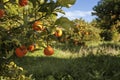 Mandarin orange tree with ripe fresh fruit in the field, harvest tangerine tree and shadow in the sunlight Royalty Free Stock Photo