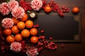 . Elegant design for Chinese New Year greeting card. Copy space, place for text. Mandarin oranges and Chinese decoration
