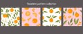 Mandarin seamless pattern collection. Exotic tropical orange citrus fruit, juicy tangerine with green leaves, vector cartoon Royalty Free Stock Photo