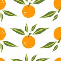 Mandarin seamless pattern. Exotic tropical orange citrus fruit, juicy tangerine with green leaves, vector cartoon minimalistic