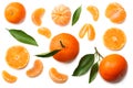 mandarin with slices and green leaf isolated on white background top view Royalty Free Stock Photo