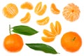 mandarin with slices and green leaf isolated on white background top view Royalty Free Stock Photo