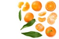 mandarin with slices and green leaf isolated on white background. top view Royalty Free Stock Photo