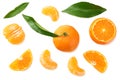 mandarin with slices and green leaf isolated on white background. top view Royalty Free Stock Photo