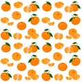 Mandarin, tangerine, clementine with leaves isolated on white background. Citrus fruit background. Seamless pattern