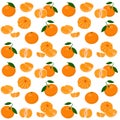 Mandarin, tangerine, clementine with leaves isolated on white background. Citrus fruit background. Seamless pattern. Vector