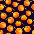 Mandarines with leaves seamless pattern on black background