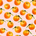 Mandarines with leaves seamless pattern on pink background