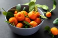 Mandarins or clementines with leaves on a black background. Tangerines in a plate. Royalty Free Stock Photo