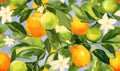 Mandarins and lime seamless pattern. Citrus fruits wallpaper. For fabric design, card