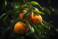 Mandarins ripened on the green tree branch in orchard. Generative AI