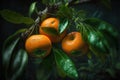 Mandarins ripened on the green tree branch in orchard. Generative AI