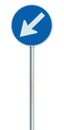 Mandatory keep left United Kingdom UK road sign on pole post, large blue round isolated traffic lane route reroute roadside Royalty Free Stock Photo