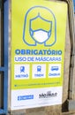 Mandatory Mask usage sign. Coronavirus mask warning in the subway of Sao Paulo. Aviso obrigatorio de mascara, SP, Brazil.