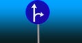 Mandatory straight or right turn ahead, traffic lane route direction sign pointer road sign, choice concept, blue isolated