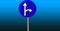 Mandatory straight or right turn ahead, traffic lane route direction sign pointer road sign, choice concept, blue isolated Royalty Free Stock Photo