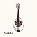 Mandolin. Ink black and white doodle drawing in woodcut style Royalty Free Stock Photo