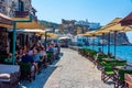 Mandraki, Greece, August 28, 2022: Cityscape of Greek town Mandr Royalty Free Stock Photo