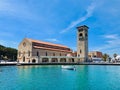 Mandraki harbor and Evangelismos Church in Rhodes, Greece Royalty Free Stock Photo