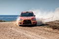 Mandria, Paphos District, Cyprus - November 11, 2018: Mitsubishi Lancer EVO 6 drifting on dirt track during Paphos Auto Rally