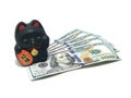 Maneki Neko, Beckoning Lucky Black Cat and Dollar Bills