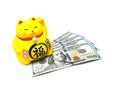 Maneki Neko, Beckoning Lucky Yellow Cat and Dollar Bills