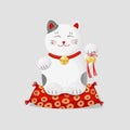 Maneki neko cat and bells on white background. Cartoon vector illustration. Flat style. Funny toy. Traditional asian
