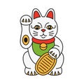 Maneki neko cat with coin. Japanese symbol wishing good luck with raised paw. Vector sign of wealth, happiness, fortune