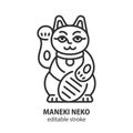 Maneki neko cat with coin line icon. Japanese symbol wishing good luck with raised paw. Royalty Free Stock Photo