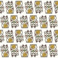 Maneki neko cat with coin seamless background. Line japanese symbol wishing good luck with raised paw. Cartoon vector pattern of Royalty Free Stock Photo