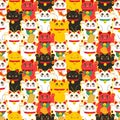 Maneki-neko cat. Seamless pattern with sitting hand drawn lucky cats. Japanese culture. Doodle drawing. Vector Royalty Free Stock Photo