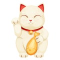 Maneki neko cat tradition figure lucky symbol, pet with collar and bell, golden fish in cartoon style isolated on white