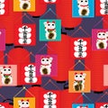 Maneki Neko flag lantern seamless pattern Royalty Free Stock Photo