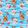 Maneki Neko happy fish sea seamless pattern