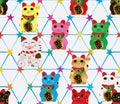 Maneki Neko hexagon star symmetry seamless pattern