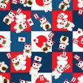 Maneki Neko hold flag vintage square seamless pattern