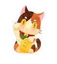 Maneki neko, japan lucky charm. The calico cat raised his right foot, left foot hold a koban coin. Royalty Free Stock Photo
