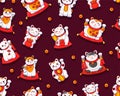 Maneki Neko Japanese cat seamless pattern. Various cute cats of good luck. Symbol wealth. Vector cartoon background. Royalty Free Stock Photo